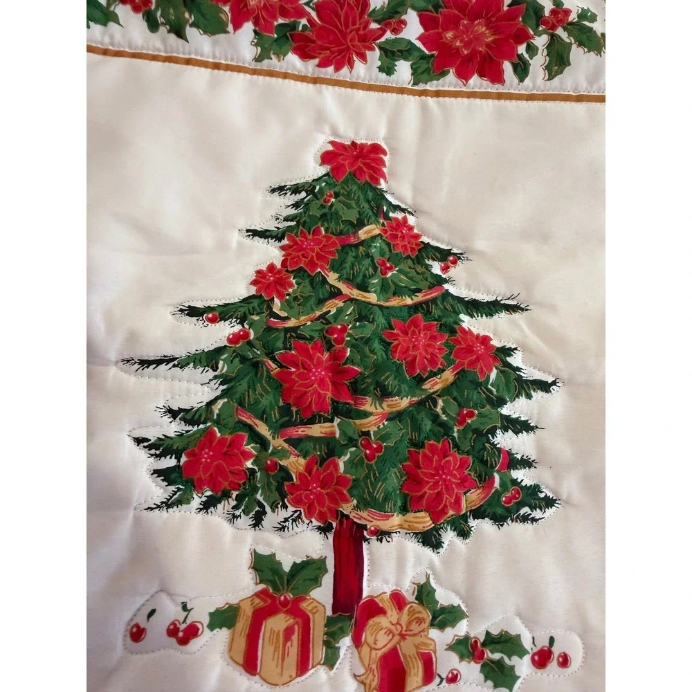 Vintage Christmas Poinsettia Tree Quilted Pillow Cover Red Cream 16x16 Zipper‎